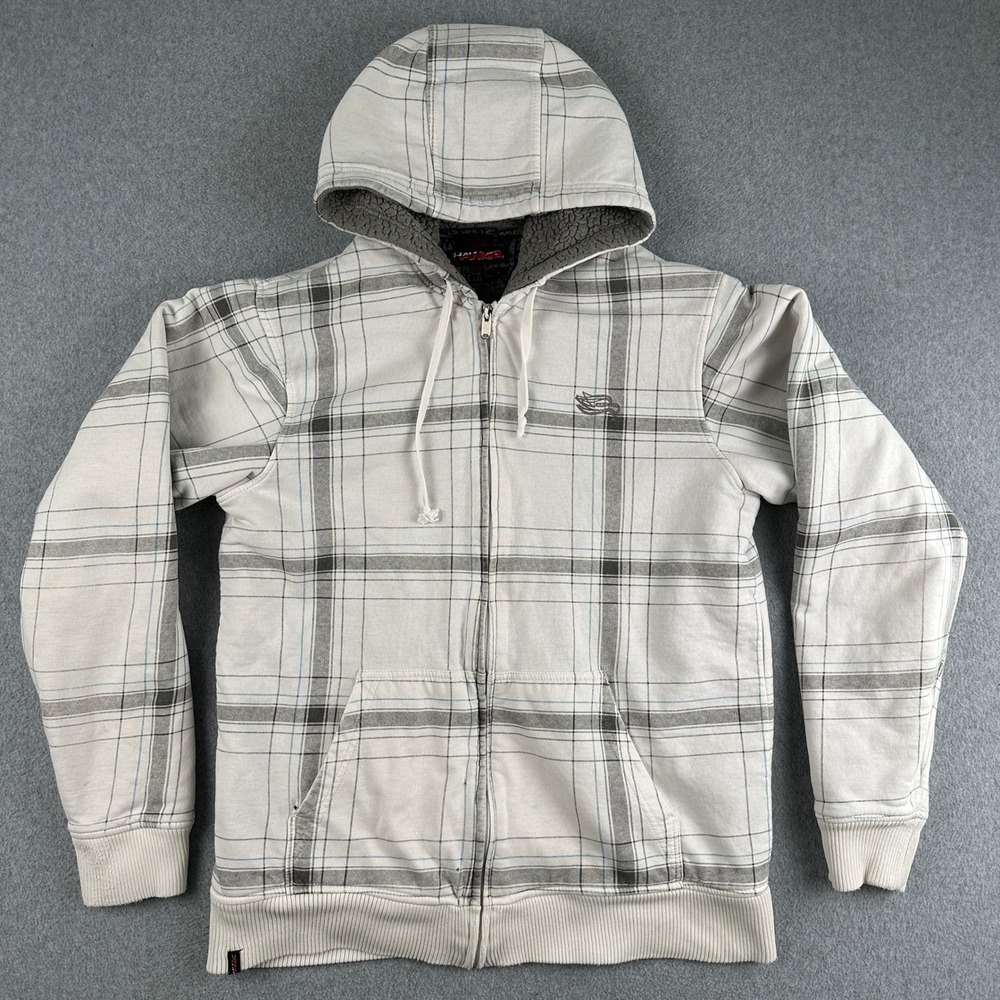 Vintage Tony Hawk Hoodie Mens L White Plaid Full Zip Sherpa Lined Skate Skater
